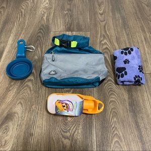 Water Bottle Kibble Bag Measuring Cup and Towel Travel Bundle